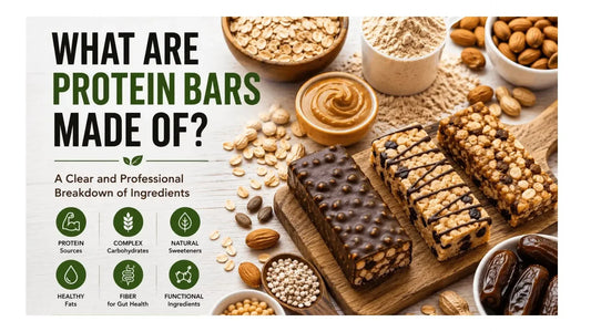 Protein bars are commonly made with protein sources, complex carbohydrates, natural sweeteners, healthy fats, fiber, and functional ingredients such as oats, nuts, seeds, dates, nut butter, and protein powder.